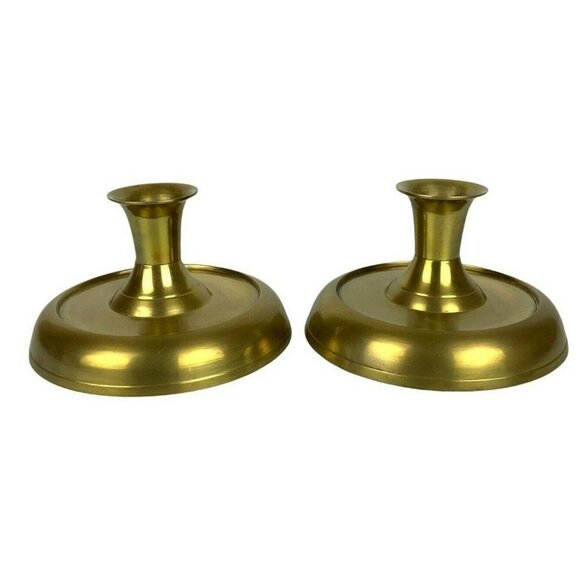 Antique Brass Taper Candle Holders Set of 2 Short Traditional Weighted Round - Picture 1 of 4